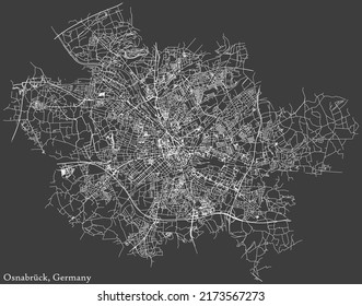 Detailed negative navigation white lines urban street roads map of the German regional capital city of OSNABRÜCK, GERMANY on dark gray background