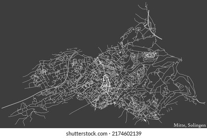 Detailed negative navigation white lines urban street roads map of the SOLINGEN-MITTE DISTRICT of the German regional capital city of Solingen, Germany on dark gray background