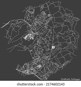 Detailed negative navigation white lines urban street roads map of the GRÄFRATH DISTRICT of the German regional capital city of Solingen, Germany on dark gray background