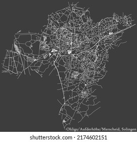 Detailed negative navigation white lines urban street roads map of the OHLIGS-AUFDERHÖHE-MERSCHEID DISTRICT of the German regional capital city of Solingen, Germany on dark gray background