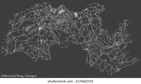 Detailed negative navigation white lines urban street roads map of the BURG-HÖHSCHEID DISTRICT of the German regional capital city of Solingen, Germany on dark gray background