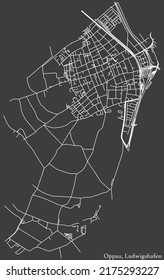 Detailed negative navigation white lines urban street roads map of the OPPAU DISTRICT of the German regional capital city of Ludwigshafen am Rhein, Germany on dark gray background
