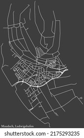 Detailed negative navigation white lines urban street roads map of the MAUDACH DISTRICT of the German regional capital city of Ludwigshafen am Rhein, Germany on dark gray background