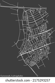 Detaillierte Karte der GARTENSTADT DISTRICT der deutschen Landeshauptstadt Ludwigshafen am Rhein auf dunkelgrauem Hintergrund mit Negativnavigationslinien auf den Stadtstraßen der Stadt Ludwigshafen