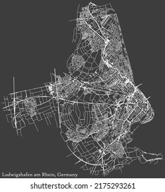 Detailed negative navigation white lines urban street roads map of the German regional capital city of LUDWIGSHAFEN AM RHEIN, GERMANY on dark gray background