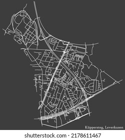 Detailed negative navigation white lines urban street roads map of the KÜPPERSTEG DISTRICT of the German regional capital city of Leverkusen, Germany on dark gray background