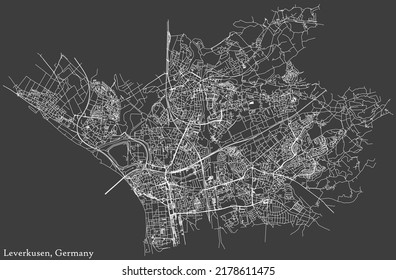 Mapa detallado negativo de las líneas blancas de navegación en las calles urbanas de la capital regional alemana LEVERKUSEN, ALEMANIA sobre fondo gris oscuro