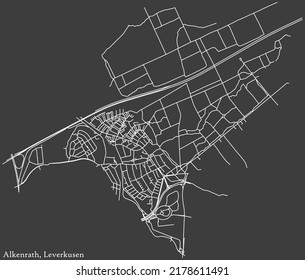 Detailed negative navigation white lines urban street roads map of the ALKENRATH DISTRICT of the German regional capital city of Leverkusen, Germany on dark gray background