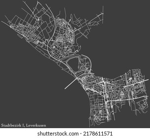Detailed negative navigation white lines urban street roads map of the STADTBEZIRK I BOROUGH of the German regional capital city of Leverkusen, Germany on dark gray background
