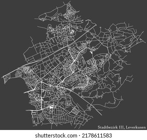 Detailed negative navigation white lines urban street roads map of the STADTBEZIRK III BOROUGH of the German regional capital city of Leverkusen, Germany on dark gray background