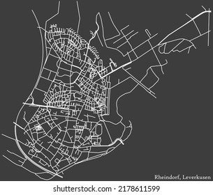 Detailed negative navigation white lines urban street roads map of the RHEINDORF DISTRICT of the German regional capital city of Leverkusen, Germany on dark gray background