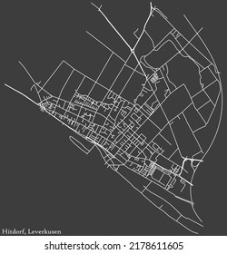 Mapa detallado negativo de líneas blancas de navegación en las calles urbanas del DISTRITO HITDORF de la capital regional alemana de Leverkusen, Alemania sobre fondo gris oscuro