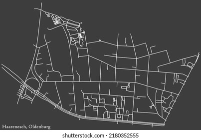 Detailed negative navigation white lines urban street roads map of the HAARENESCH DISTRICT of the German regional capital city of Oldenburg, Germany on dark gray background