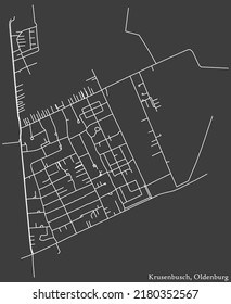 Mapa detallado negativo de líneas blancas de navegación en las calles urbanas del DISTRITO KRUSENBUSCH de la capital regional alemana de Oldenburg, Alemania sobre fondo gris oscuro