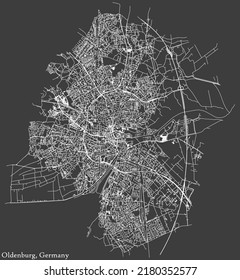 Detailed negative navigation white lines urban street roads map of the German regional capital city of OLDENBURG, GERMANY on dark gray background