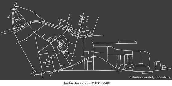 Detailed negative navigation white lines urban street roads map of the BAHNHOFSVIERTEL DISTRICT of the German regional capital city of Oldenburg, Germany on dark gray background