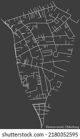 Detailed negative navigation white lines urban street roads map of the EHNERNVIERTEL DISTRICT of the German regional capital city of Oldenburg, Germany on dark gray background