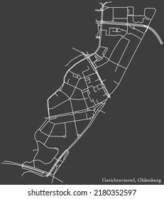 Detailed negative navigation white lines urban street roads map of the GERICHTSVIERTEL DISTRICT of the German regional capital city of Oldenburg, Germany on dark gray background