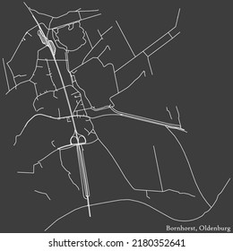 Mapa detallado negativo de las líneas blancas de navegación en las calles urbanas del DISTRITO BORNHORST de la capital regional alemana de Oldenburg, Alemania sobre fondo gris oscuro
