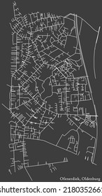 Detailed negative navigation white lines urban street roads map of the OFENERDIEK DISTRICT of the German regional capital city of Oldenburg, Germany on dark gray background