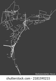 Detailed negative navigation white lines urban street roads map of the BARBARAVIERTEL DISTRICT of the German regional capital city of Neuss, Germany on dark gray background