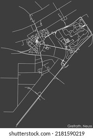 Detailed negative navigation white lines urban street roads map of the GREFRATH DISTRICT of the German regional capital city of Neuss, Germany on dark gray background