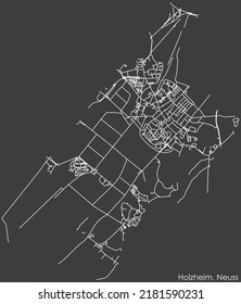 Detailed negative navigation white lines urban street roads map of the HOLZHEIM DISTRICT of the German regional capital city of Neuss, Germany on dark gray background