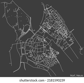 Detailed negative navigation white lines urban street roads map of the NORF DISTRICT of the German regional capital city of Neuss, Germany on dark gray background