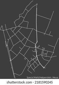Detailed negative navigation white lines urban street roads map of the SPECK-WEHL-HELPENSTEIN DISTRICT of the German regional capital city of Neuss, Germany on dark gray background