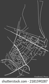 Detailed negative navigation white lines urban street roads map of the GNADENTAL DISTRICT of the German regional capital city of Neuss, Germany on dark gray background