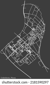 Detailed negative navigation white lines urban street roads map of the UEDESHEIM DISTRICT of the German regional capital city of Neuss, Germany on dark gray background