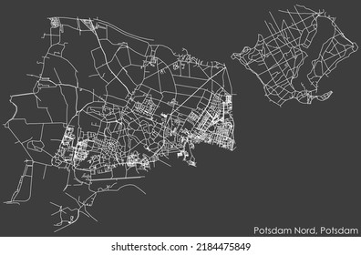 Detailed negative navigation white lines urban street roads map of the POTSDAM NORD BOROUGH of the German regional capital city of Potsdam, Germany on dark gray background