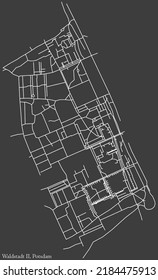 Detailed negative navigation white lines urban street roads map of the WALDSTADT II DISTRICT of the German regional capital city of Potsdam, Germany on dark gray background