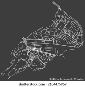 Detailed negative navigation white lines urban street roads map of the HISTORISCHE SÜDLICHE DISTRICT of the German regional capital city of Potsdam, Germany on dark gray background