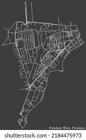 Detailed negative navigation white lines urban street roads map of the POTSDAM WEST DISTRICT of the German regional capital city of Potsdam, Germany on dark gray background
