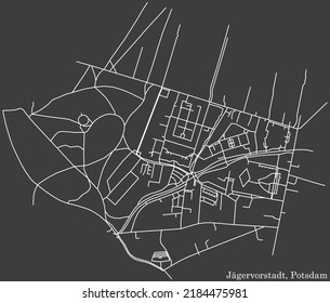 Detailed negative navigation white lines urban street roads map of the JÄGERVORSTADT DISTRICT of the German regional capital city of Potsdam, Germany on dark gray background