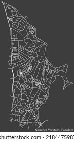 Detailed negative navigation white lines urban street roads map of the NAUENER VORSTADT DISTRICT of the German regional capital city of Potsdam, Germany on dark gray background
