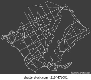 Detailed negative navigation white lines urban street roads map of the SACROW DISTRICT of the German regional capital city of Potsdam, Germany on dark gray background