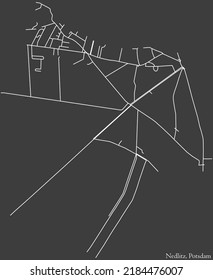 Detailed negative navigation white lines urban street roads map of the NEDLITZ DISTRICT of the German regional capital city of Potsdam, Germany on dark gray background