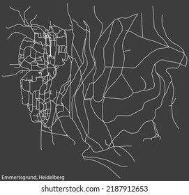 Detailed negative navigation white lines urban street roads map of the EMMERTSGRUND DISTRICT of the German regional capital city of Heidelberg, Germany on dark gray background