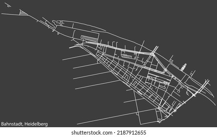 Detailed negative navigation white lines urban street roads map of the BAHNSTADT DISTRICT of the German regional capital city of Heidelberg, Germany on dark gray background