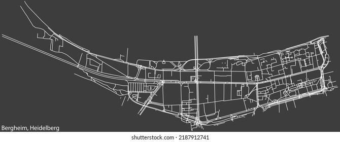 Detailed negative navigation white lines urban street roads map of the BERGHEIM DISTRICT of the German regional capital city of Heidelberg, Germany on dark gray background