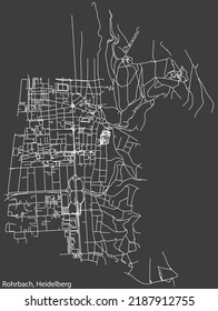Detailed negative navigation white lines urban street roads map of the ROHRBACH DISTRICT of the German regional capital city of Heidelberg, Germany on dark gray background