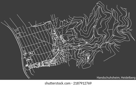 Detailed negative navigation white lines urban street roads map of the HANDSCHUHSHEIM DISTRICT of the German regional capital city of Heidelberg, Germany on dark gray background