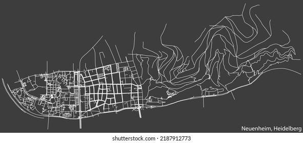 Detailed negative navigation white lines urban street roads map of the NEUENHEIM DISTRICT of the German regional capital city of Heidelberg, Germany on dark gray background