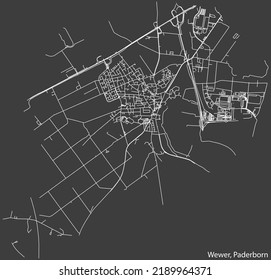 Mapa detallado negativo de líneas blancas de navegación en las calles urbanas del DISTRITO WEWER de la capital regional alemana de Paderborn, Alemania sobre fondo gris oscuro