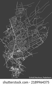 Detailed negative navigation white lines urban street roads map of the SCHLOSS NEUHAUS DISTRICT of the German regional capital city of Paderborn, Germany on dark gray background