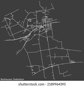 Detailed negative navigation white lines urban street roads map of the BENHAUSEN DISTRICT of the German regional capital city of Paderborn, Germany on dark gray background