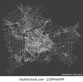 Detailed negative navigation white lines urban street roads map of the German regional capital city of PADERBORN, GERMANY on dark gray background