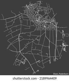 Detailed negative navigation white lines urban street roads map of the ELSEN DISTRICT of the German regional capital city of Paderborn, Germany on dark gray background